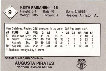 1989 Grand Slam South Atlantic League All-Stars #9 Keith Raisanen Back