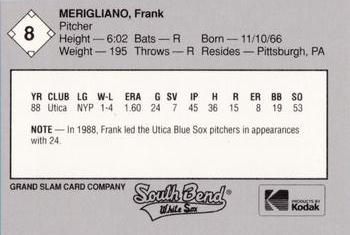 1989 Grand Slam South Bend White Sox #8 Frank Merigliano Back