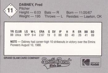 1989 Grand Slam South Bend White Sox #11 Fred Dabney Back