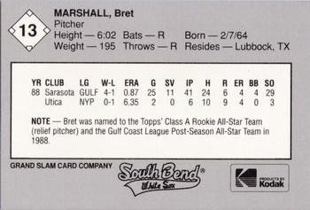 1989 Grand Slam South Bend White Sox #13 Bret Marshall Back