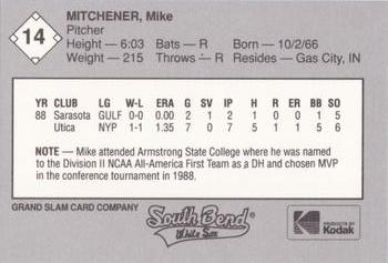 1989 Grand Slam South Bend White Sox #14 Mike Mitchener Back