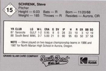 1989 Grand Slam South Bend White Sox #15 Steve Schrenk Back