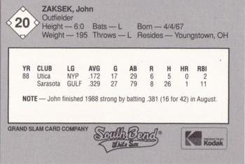 1989 Grand Slam South Bend White Sox #20 John Zaksek Back