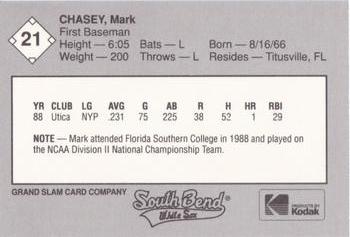 1989 Grand Slam South Bend White Sox #21 Mark Chasey Back