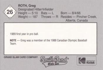 1989 Grand Slam South Bend White Sox #26 Greg Roth Back