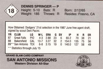 1989 Grand Slam Texas League All-Stars #18 Dennis Springer Back