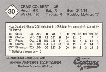1989 Grand Slam Texas League All-Stars #30 Craig Colbert Back