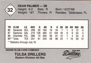 1989 Grand Slam Texas League All-Stars #32 Dean Palmer Back