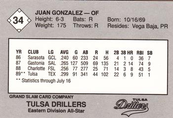 1989 Grand Slam Texas League All-Stars #34 Juan Gonzalez Back