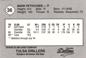 1989 Grand Slam Texas League All-Stars #36 Mark Petkovsek Back