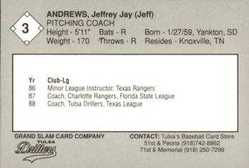 1989 Grand Slam Tulsa Drillers #3 Jeff Andrews Back