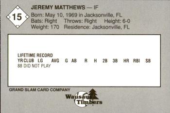 1989 Grand Slam Wausau Timbers #15 Jeremy Matthews Back