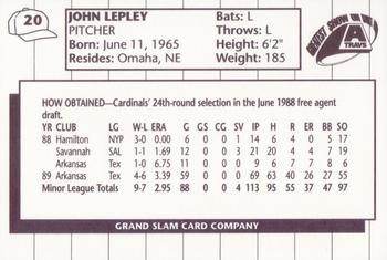 1990 Grand Slam Arkansas Travelers #20 John Lepley Back