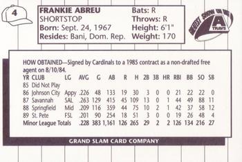1990 Grand Slam Arkansas Travelers #4 Frankie Abreu Back