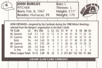 1990 Grand Slam Arkansas Travelers #6 John Burgos Back