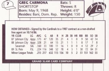 1990 Grand Slam Arkansas Travelers #7 Greg Carmona Back