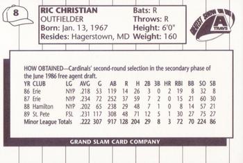 1990 Grand Slam Arkansas Travelers #8 Ric Christian Back