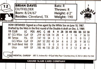 1990 Grand Slam Columbia Mets #12 Brian Davis Back