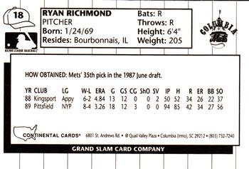 1990 Grand Slam Columbia Mets #18 Ryan Richmond Back