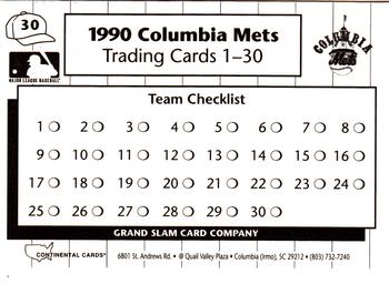1990 Grand Slam Columbia Mets #30 Team Photo Back