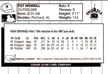 1990 Grand Slam Columbia Mets #9 Pat Howell Back