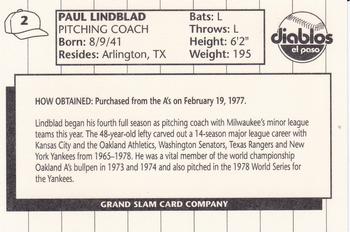 1990 Grand Slam El Paso Diablos #2 Paul Lindblad Back