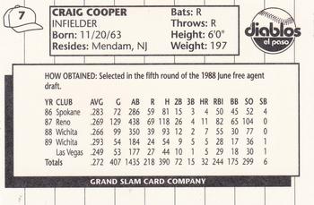 1990 Grand Slam El Paso Diablos #7 Craig Cooper Back
