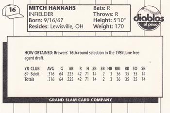 1990 Grand Slam El Paso Diablos #16 Mitch Hannahs Back