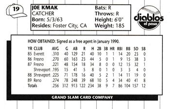 1990 Grand Slam El Paso Diablos #19 Joe Kmak Back