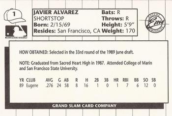 1990 Grand Slam Eugene Emeralds #1 Javier Alvarez Back