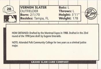 1990 Grand Slam Eugene Emeralds #28 Vernon Slater Back