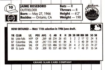 1990 Grand Slam Jackson Mets #10 Jaime Roseboro Back