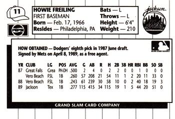 1990 Grand Slam Jackson Mets #11 Howie Freiling Back