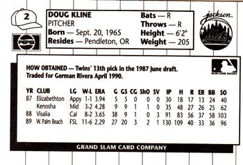 1990 Grand Slam Jackson Mets #2 Doug Kline Back