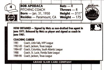 1990 Grand Slam Jackson Mets #4 Bob Apodaca Back