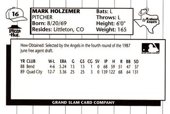 1990 Grand Slam Midland Angels #16 Mark Holzemer Back