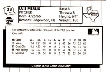 1990 Grand Slam Midland Angels #23 Luis Merejo Back
