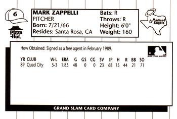 1990 Grand Slam Midland Angels #6 Mark Zappelli Back
