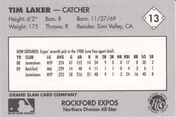 1990 Grand Slam Midwest League All-Stars #13 Tim Laker Back