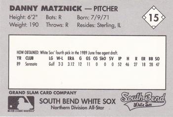 1990 Grand Slam Midwest League All-Stars #15 Danny Matznick Back