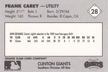 1990 Grand Slam Midwest League All-Stars #28 Frank Carey Back