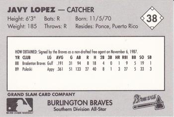 1990 Grand Slam Midwest League All-Stars #38 Javy Lopez Back
