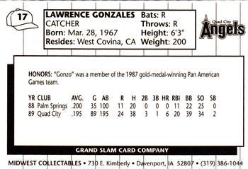 1990 Grand Slam Quad City Angels #17 Larry Gonzales Back