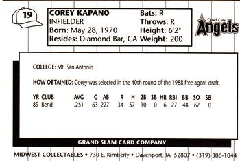 1990 Grand Slam Quad City Angels #19 Corey Kapano Back