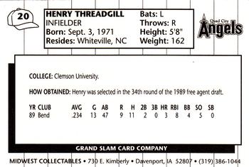 1990 Grand Slam Quad City Angels #20 Henry Threadgill Back