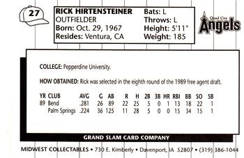 1990 Grand Slam Quad City Angels #27 Rick Hirtensteiner Back