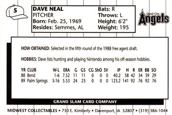 1990 Grand Slam Quad City Angels #5 Dave Neal Back