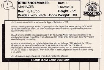 1990 Grand Slam San Antonio Missions #1 John Shoemaker Back