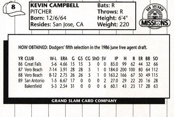1990 Grand Slam San Antonio Missions #8 Kevin Campbell Back