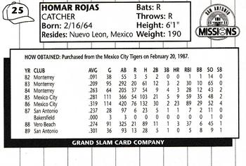 1990 Grand Slam San Antonio Missions #25 Homar Rojas Back